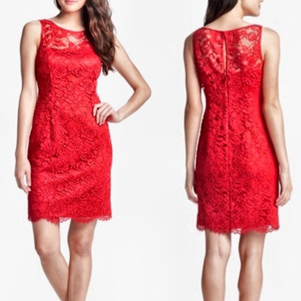 Adrianna Papell llusion Neckline Lace Sheath Dress
